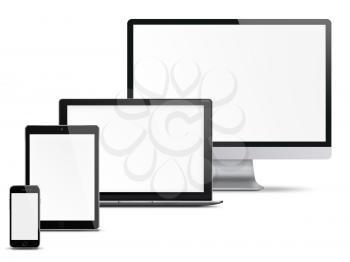 Computer monitor, mobile phone, smartphone, laptop and tablet pc with blank screen isolated on white background. Highly detailed illustration.