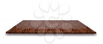 Top view on empty polished dark wooden table or counter isolated on white background. For product display.