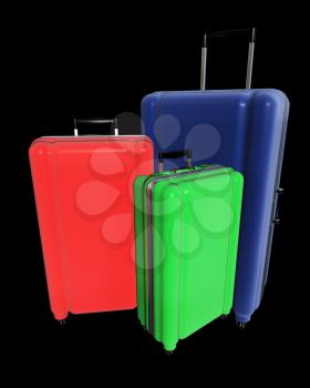 Large family polycarbonate luggages isolated on black background. 3D rendering.