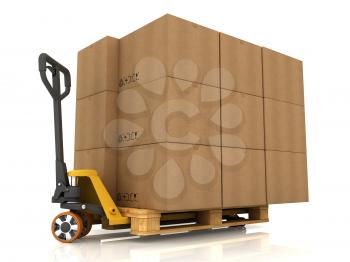 Cardboard Boxes on Pallet Truck Isolated on White