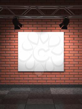 Empty Frame on Bricks Wall. Gallery Interior.  3D Render.