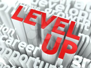 Level Up Concept. The Word of Red Color Located over Text of White Color.