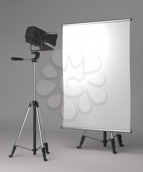 Flipchart on Tripod and Studio Lighting on Grey Background.