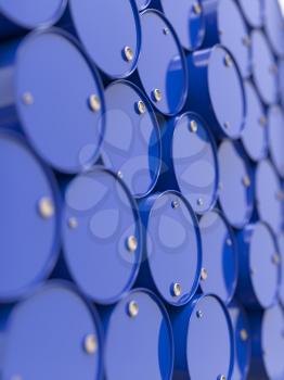 Oil Barrels or Chemical Drums Stacked Up. Industrial Background with Selective Focus.