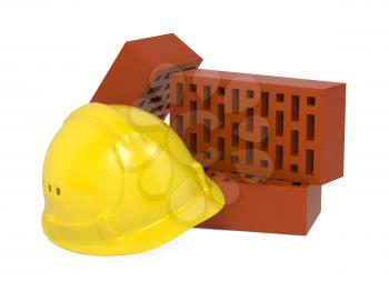 Safety Helmet and Bricks Isolated on White Background.