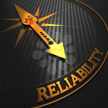 Reliability - Business Background. Golden Compass Needle on a Black Field Pointing to the Word Reliability. 3D Render.