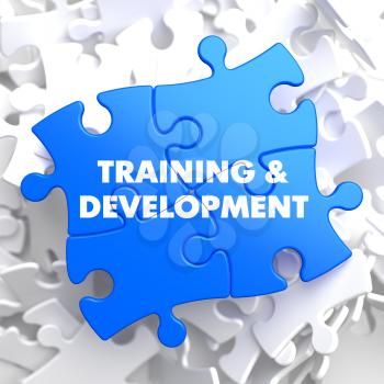 Training and Development Written on Blue Puzzle Pieces. Educational Concept.  3D Render.