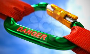 Green Carabiner between Red Ropes on Sky Background, Symbolizing the Danger. Selective Focus. 3D Render.