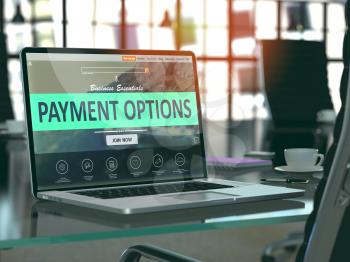 Modern Workplace with Laptop showing Landing Page with Payment Options Concept. Toned Image with Selective Focus. 3D Render.