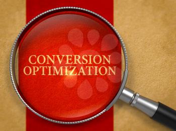 Conversion Optimization Concept through Magnifier on Old Paper with Crimson Vertical Line Background. 3D Render.