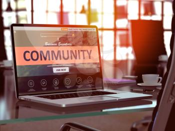 Community Concept Closeup on Laptop Screen in Modern Office Workplace. Toned Image with Selective Focus. 3D Render.