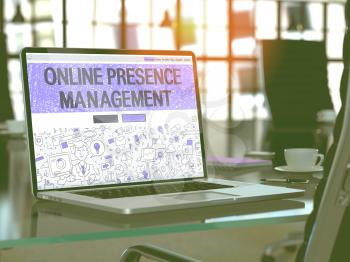 Online Presence Management Concept Closeup on Landing Page of Laptop Screen in Modern Office Workplace. Toned Image with Selective Focus. 3D Render.