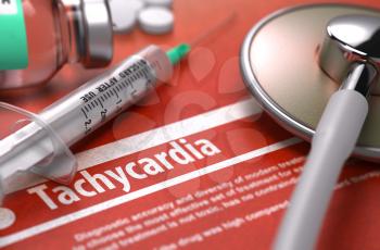 Tachycardia - Printed Diagnosis on Orange Background and Medical Composition - Stethoscope, Pills and Syringe. Medical Concept. Blurred Image. 3D Render.