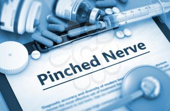 Pinched Nerve - Printed Diagnosis with Blurred Text. Diagnosis - Pinched Nerve On Background of Medicaments Composition - Pills, Injections and Syringe. 3D.