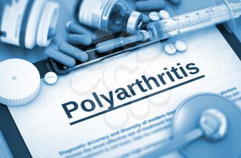 Diagnosis - Polyarthritis On Background of Medicaments Composition - Pills, Injections and Syringe. Polyarthritis, Medical Concept with Selective Focus. 3D.