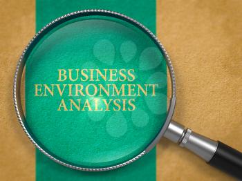 Business Environment Analysis through Magnifying Glass on Old Paper with Blue Vertical Line Background. 3D Render.