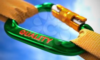 Green Carabiner between Orange Ropes on Sky Background, Symbolizing the Quality. Selective Focus. 3D Render.