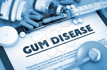 Gum Disease - Medical Report with Composition of Medicaments - Pills, Injections and Syringe. 3D Render.