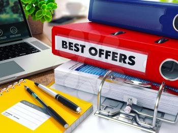 Best Offers - Red Ring Binder on Office Desktop with Office Supplies and Modern Laptop. Business Concept on Blurred Background. Toned Illustration. 3d Render.