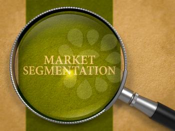 Market Segmentation Concept through Magnifier on Old Paper with Dark Green Vertical Line Background. 3D Render.