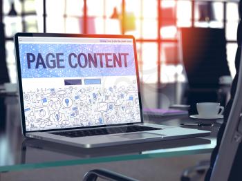 Page Content Concept Closeup on Landing Page of Laptop Screen in Modern Office Workplace. Toned Image with Selective Focus. 3D Render.