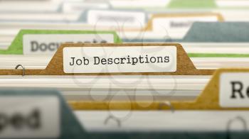 File Folder Labeled as Job Descriptions in Multicolor Archive. Closeup View. Blurred Image. 3D Render.