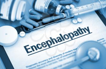 Diagnosis - Encephalopathy On Background of Medicaments Composition - Pills, Injections and Syringe. 3D. Toned Image. 