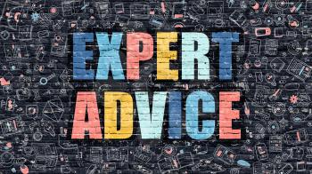 Expert Advice. Multicolor Inscription on Dark Brick Wall with Doodle Icons. Expert Advice Concept in Modern Style. Doodle Design Icons. Expert Advice on Dark Brickwall Background.