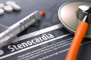 Stenocardia - Printed Diagnosis with Blurred Text on Grey Background and Medical Composition - Stethoscope, Pills and Syringe. Medical Concept. 3D Render.