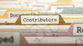 Contributors Concept on File Label in Multicolor Card Index. Closeup View. Selective Focus. 3D Render. 