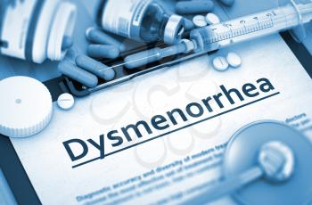 Dysmenorrhea, Medical Concept with Pills, Injections and Syringe. Diagnosis - Dysmenorrhea On Background of Medicaments Composition - Pills, Injections and Syringe. 3D.