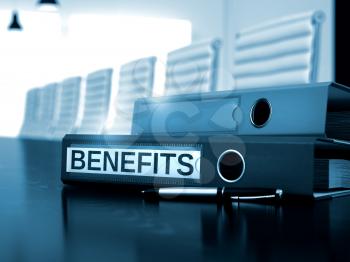 Benefits. Illustration on Blurred Background. Binder with Inscription Benefits on Black Desktop. Benefits - Business Concept on Toned Background. 3D.