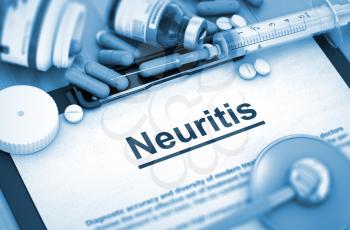 Neuritis Diagnosis, Medical Concept. Composition of Medicaments. Neuritis - Printed Diagnosis with Blurred Text. Neuritis, Medical Concept with Pills, Injections and Syringe. 3D.