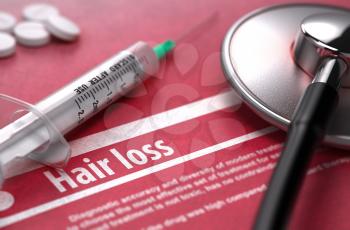 Hair loss - Printed Diagnosis on Red Background with Blurred Text and Composition of Pills, Syringe and Stethoscope. Medical Concept. Selective Focus. 3D Render. 