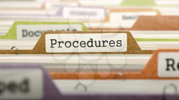 Procedures Concept on File Label in Multicolor Card Index. Closeup View. Selective Focus. 3D Render. 