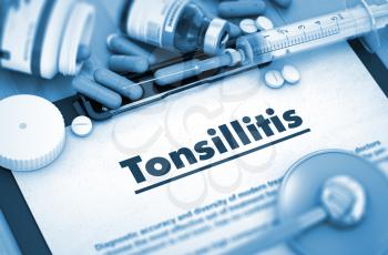 Diagnosis - Tonsillitis On Background of Medicaments Composition - Pills, Injections and Syringe. 3D.