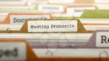 Meeting Protocols - Folder Register Name in Directory. Colored, Blurred Image. Closeup View. 3D Render.