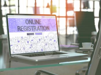 Online Registration Concept. Closeup Landing Page on Laptop Screen in Doodle Design Style. On Background of Comfortable Working Place in Modern Office. Blurred, Toned Image. 3D Render.