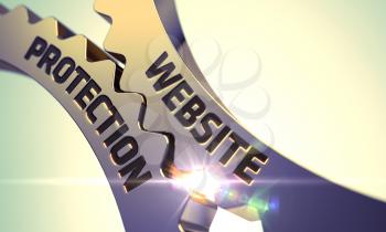 Website Protection - Industrial Design. Website Protection on Mechanism of Golden Gears with Lens Flare. Website Protection on Golden Gears. Website Protection Golden Cogwheels. 3D Render.