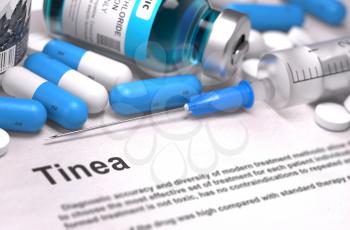 Diagnosis - Tinea. Medical Concept with Blue Pills, Injections and Syringe. Selective Focus. Blurred Background. 3D Render.