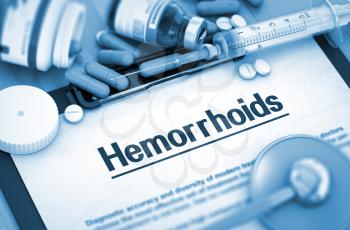 Diagnosis - Hemorrhoids On Background of Medicaments Composition - Pills, Injections and Syringe. 3D.