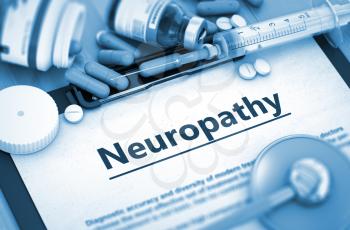 Neuropathy Diagnosis, Medical Concept. Composition of Medicaments. Neuropathy, Medical Concept with Selective Focus. Neuropathy - Printed Diagnosis with Blurred Text. 3D.