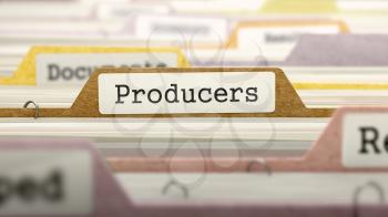 Producers on Business Folder in Multicolor Card Index. Closeup View. Blurred Image. 3D Render.