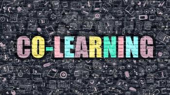 Co-Learning - Multicolor Concept on Dark Brick Wall Background with Doodle Icons Around. Modern Illustration with Elements of Doodle Style. Co-Learning on Dark Wall.