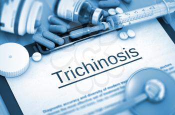 Trichinosis, Medical Concept with Pills, Injections and Syringe. Trichinosis, Medical Concept with Selective Focus. Trichinosis Diagnosis, Medical Concept. Composition of Medicaments. 3D Render.