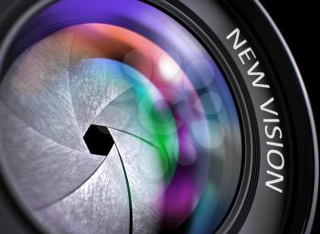 Closeup Front of Camera Lens with text New Vision. Pink and Orange Lens Reflections.Selective Focus. Digital Camera Lens  with New Vision Concept. New Vision - Concept on Lens of Camera, Closeup. 3D.