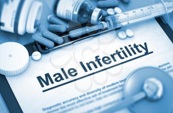 Male Infertility Diagnosis, Medical Concept. Composition of Medicaments. Male Infertility - Medical Report with Composition of Medicaments - Pills, Injections and Syringe. 3D.