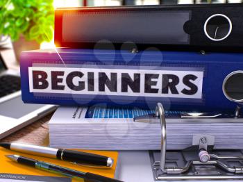 Blue Office Folder with Inscription Beginners on Office Desktop with Office Supplies and Modern Laptop. Beginners Business Concept on Blurred Background. Beginners - Toned Image. 3D.