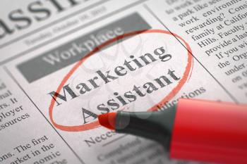 Newspaper with Classified Advertisement of Hiring Marketing Assistant. Blurred Image with Selective focus. Hiring Concept. 3D Render.