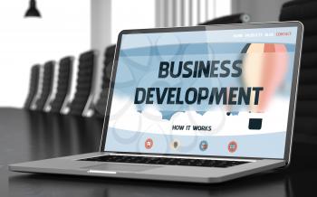 Business Development Concept. Closeup of Landing Page on Mobile Computer Display in Modern Conference Room. Toned. Blurred Image. 3D.